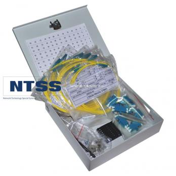 Кросс NTSS оптический настенный Мини, укомплектованный, 8 портов LC/UPC duplex, 50/125 мкм ОМ4 (планка, ложемент, пигтейлы, КДЗС, адаптеры)