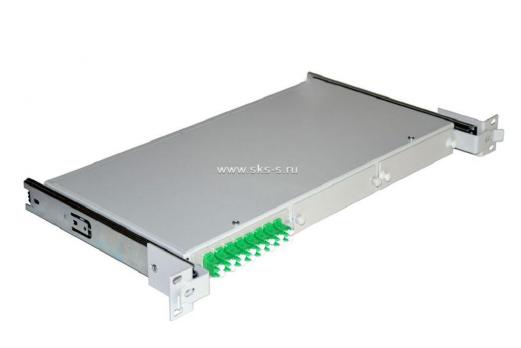 Кросс NTSS оптический выдвижной 19'' укомплектованный 1U, 8 портов LC/APC duplex, 9/125 мкм (планки, сплайс-кассета, пигтейлы, КДЗС, адаптеры)